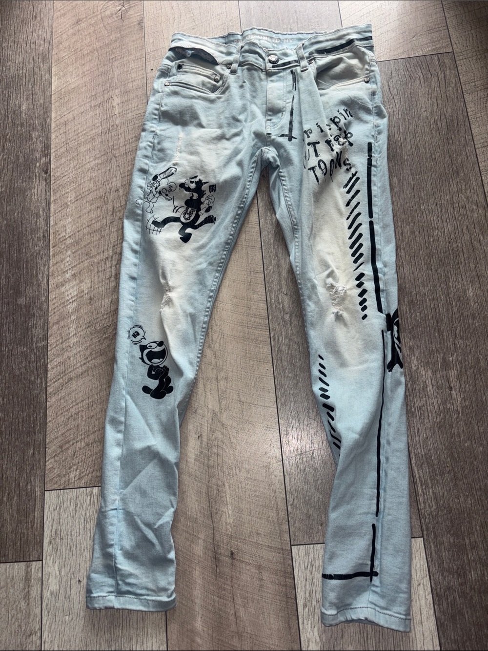 Light Blue Graphic Men’s Jeans with Black Print skinny jeans